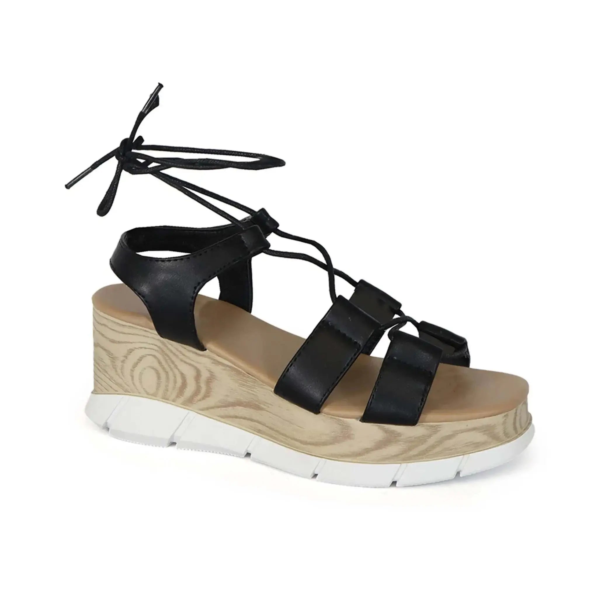 Women's lace-up flatform wedge sandals with premium PU upper and slip-resistant sole.