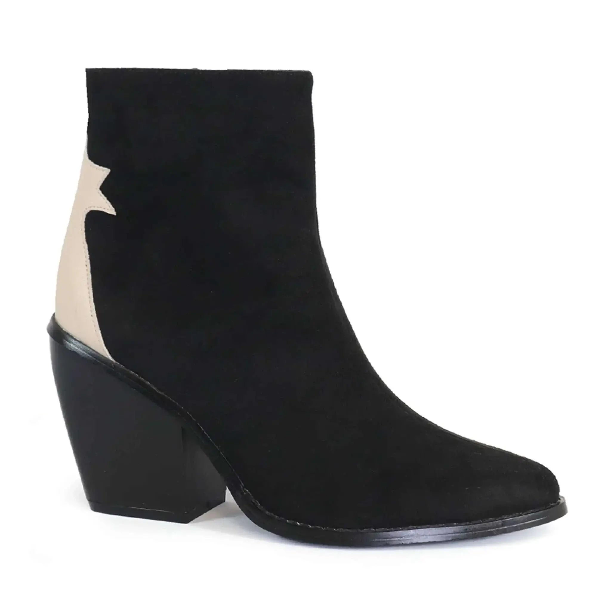 Yoki Women's Two-Tone Back Patch Western Booties, black and beige, slip-on, low heel, slip-resistant sole.