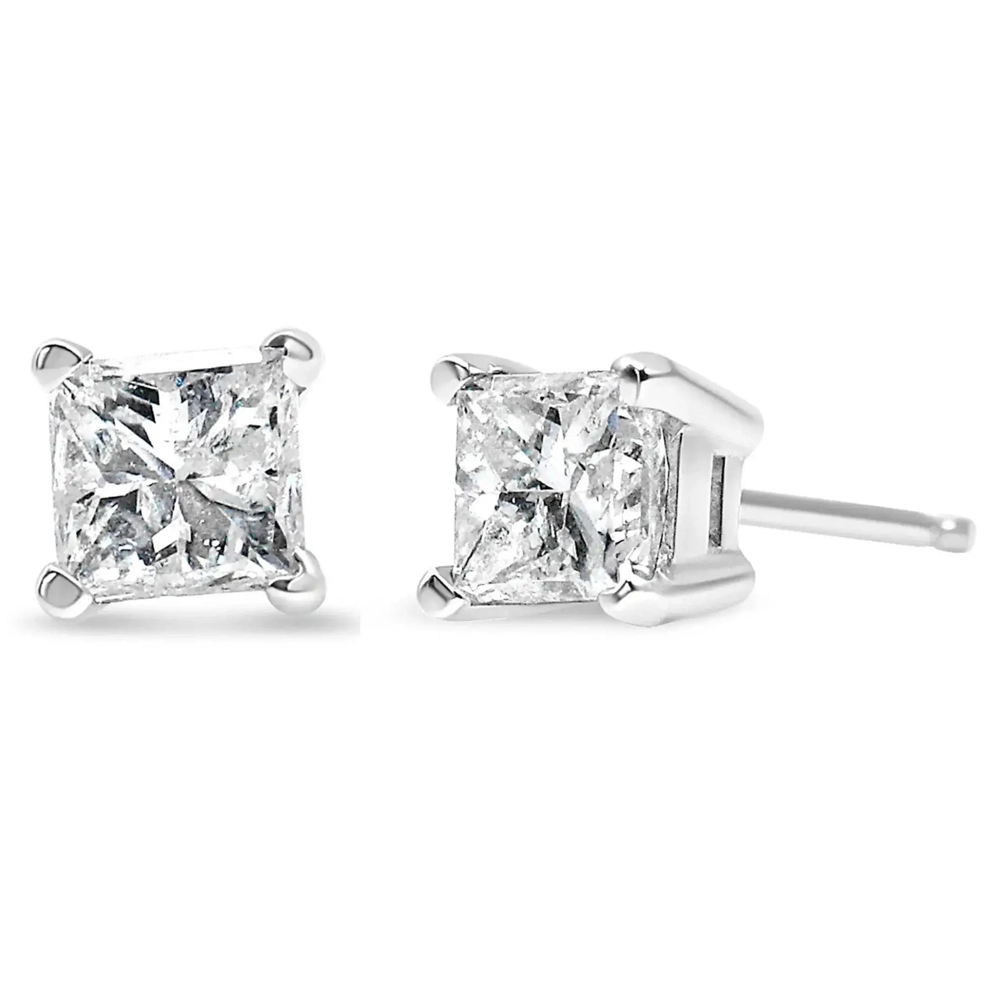 14K white gold princess-cut diamond stud earrings, 1.0 cttw, secure 4-prong setting.