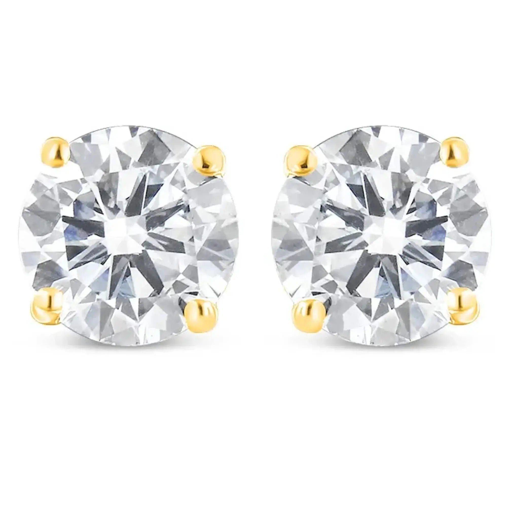 10K yellow gold diamond stud earrings with 1-1/2 CTTW round brilliant near-colorless stones.