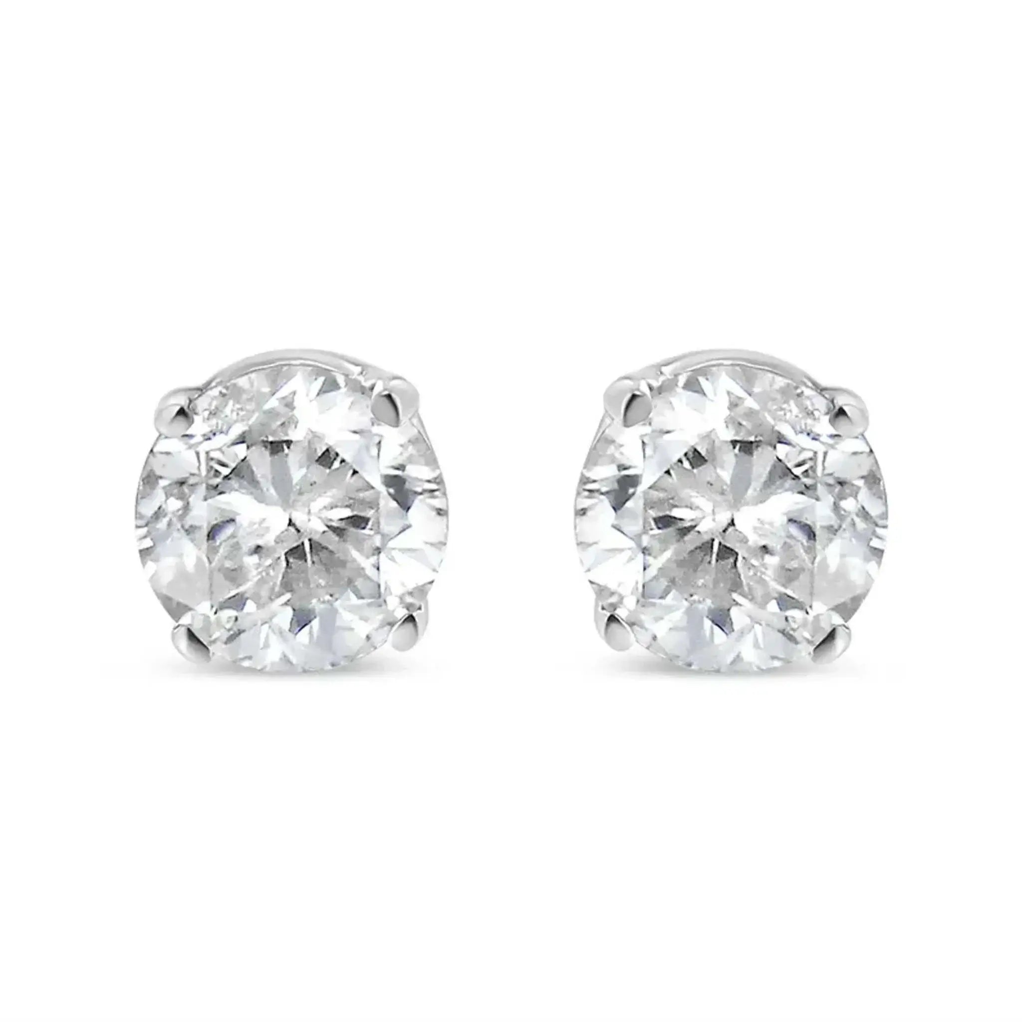 14K white gold round brilliant-cut diamond stud earrings with 4-prong setting.
