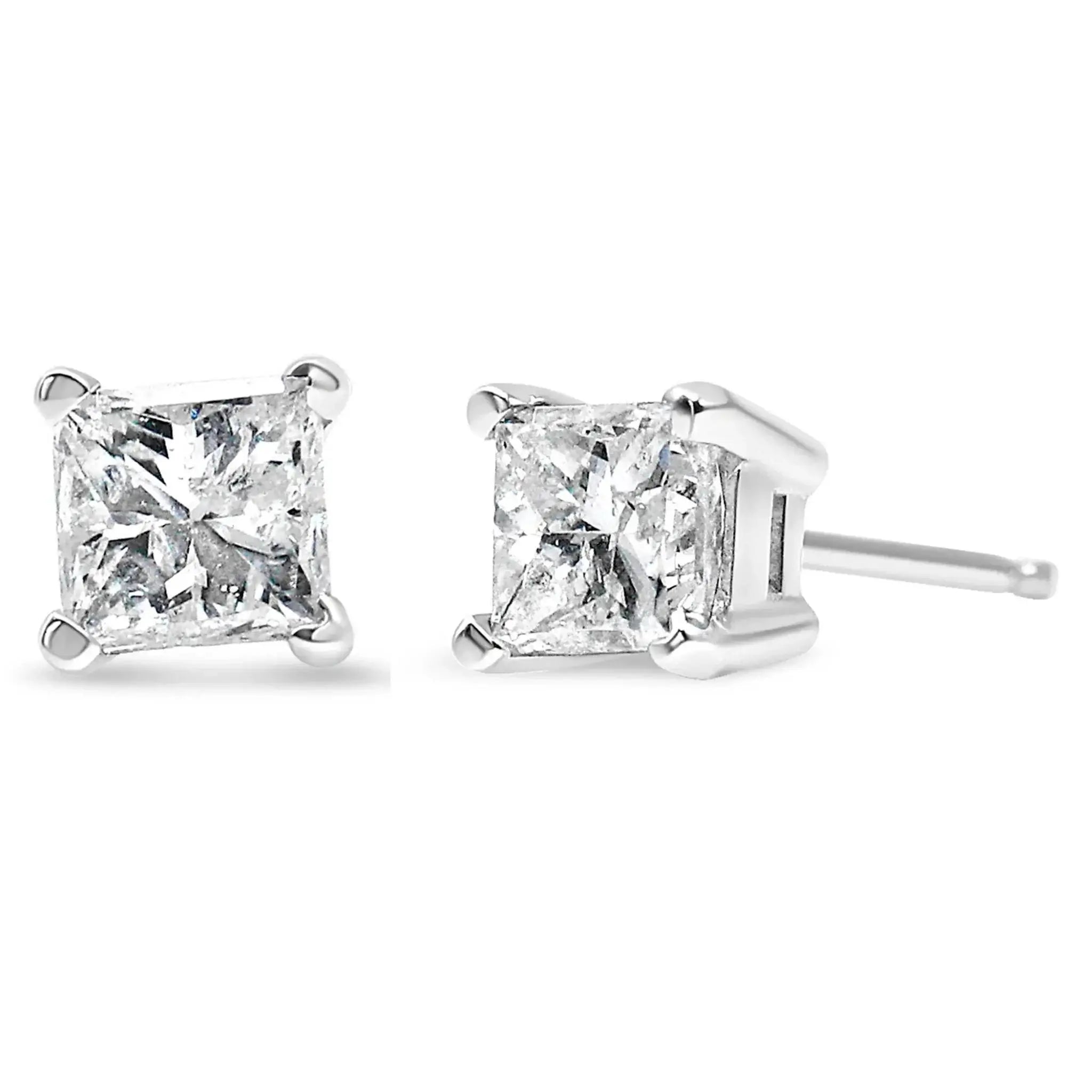 14K white gold princess-cut diamond stud earrings with clarity enhancement.