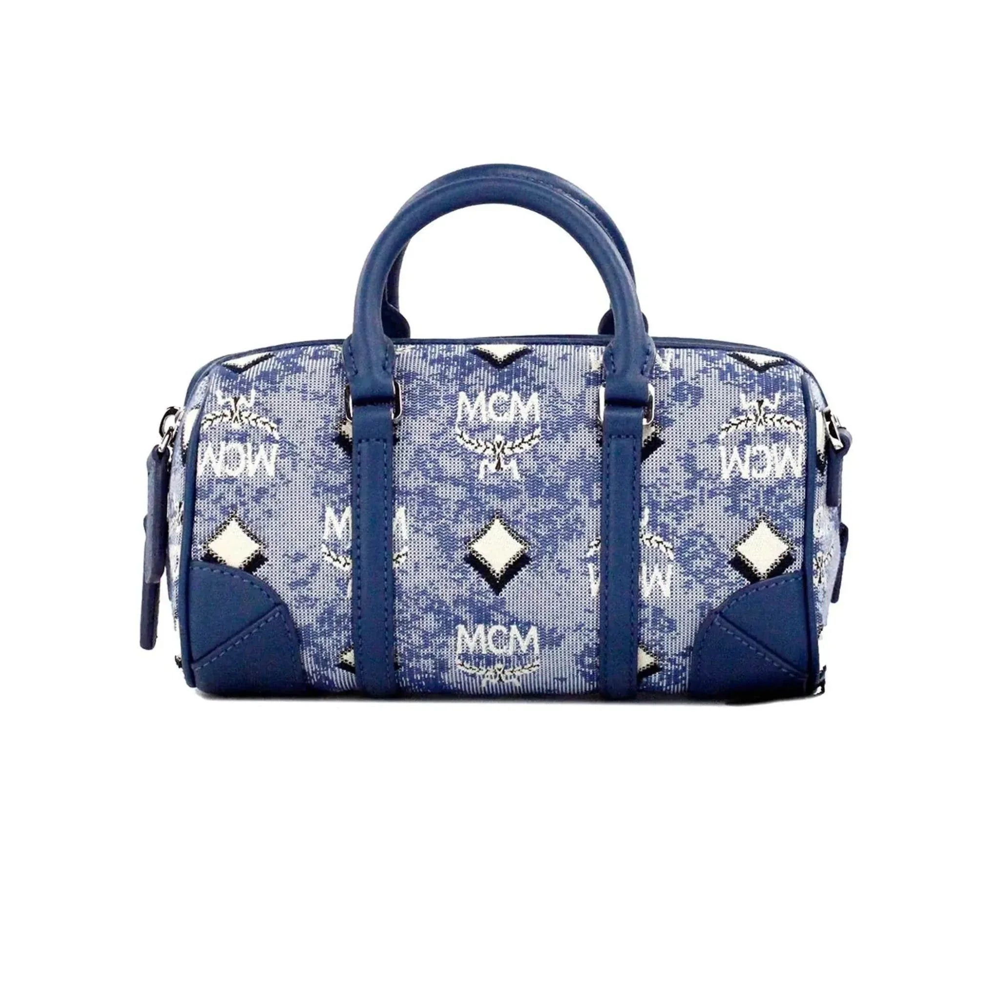 MCM Boston Mini Blue Vintage Jacquard Satchel Crossbody Bag with adjustable strap and inner slip pocket.