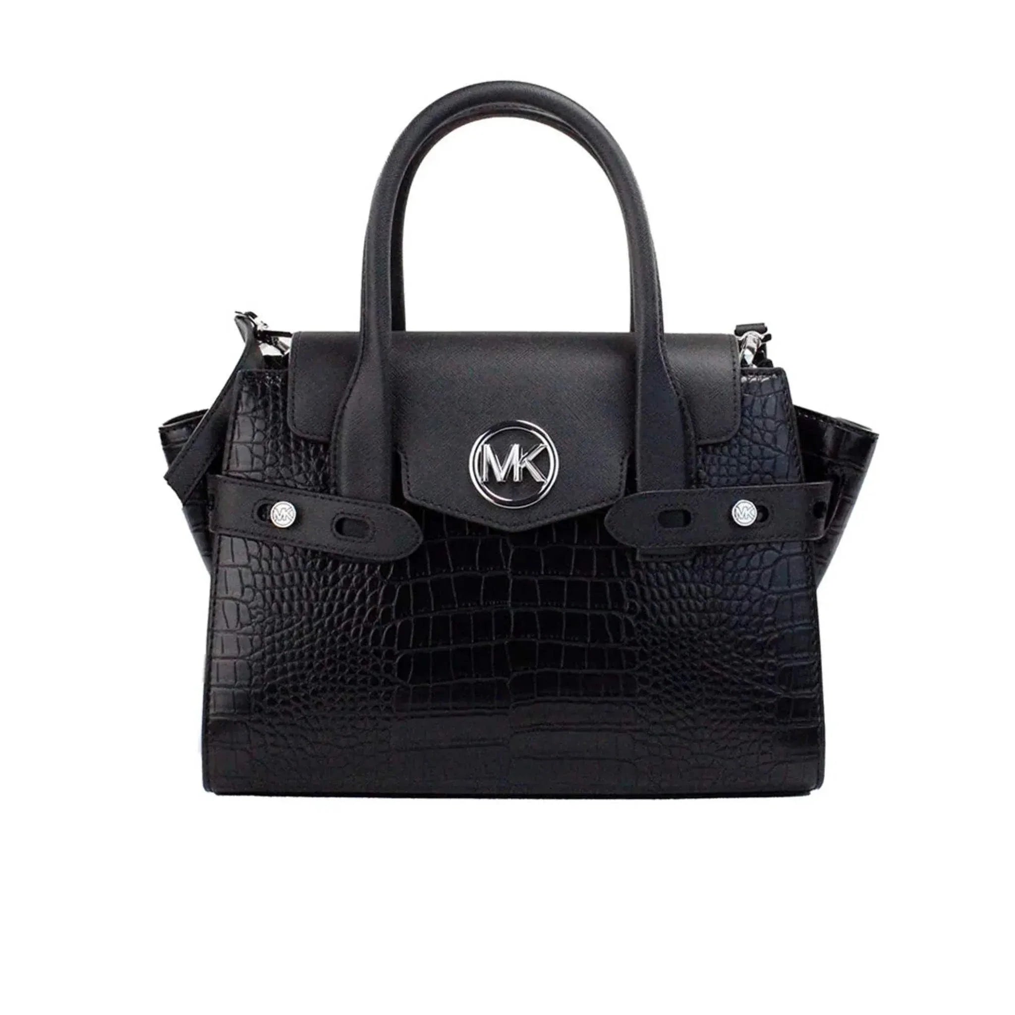 Michael Kors Carmen Medium Black Embossed Leather Satchel with Animal Print and Saffiano Leather, featuring a magnetic flap closure and adjustable crossbody strap.