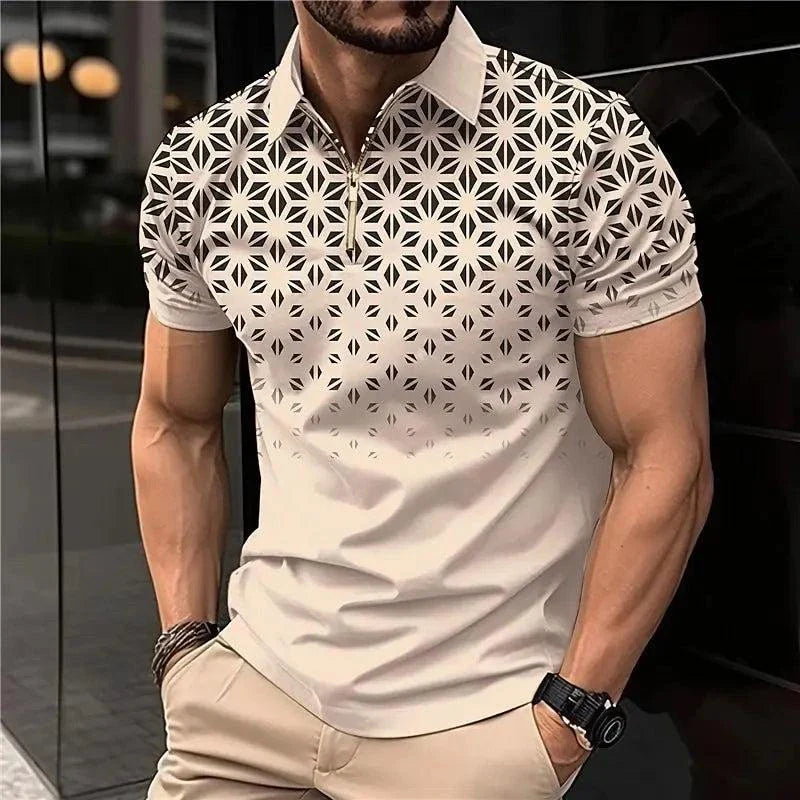 3D printed men's shirt with a collar, featuring a geometric design, short sleeves, and a fashion-forward style.