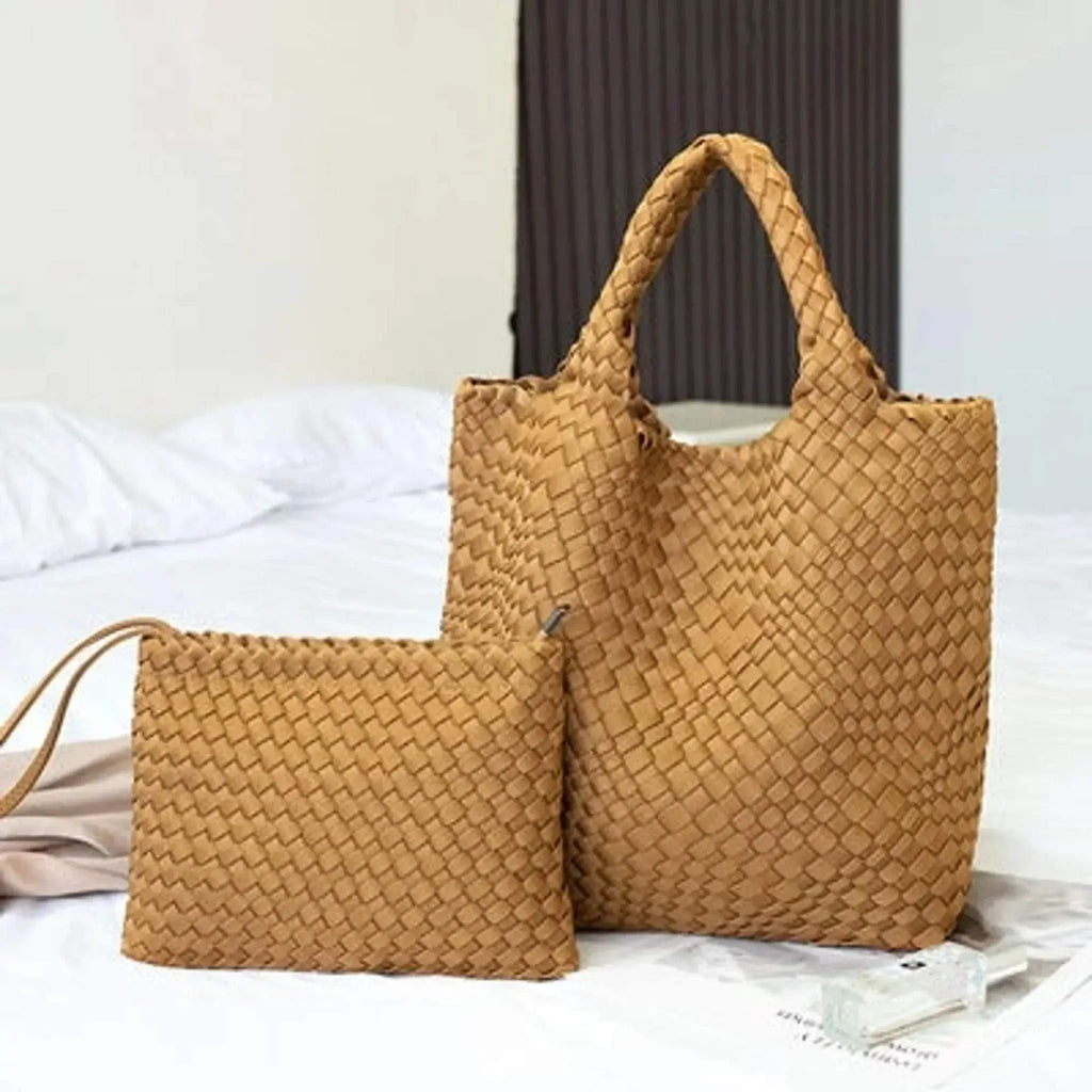 Woven neoprene tote with removable zipper pouch, featuring luxury design and functionality.