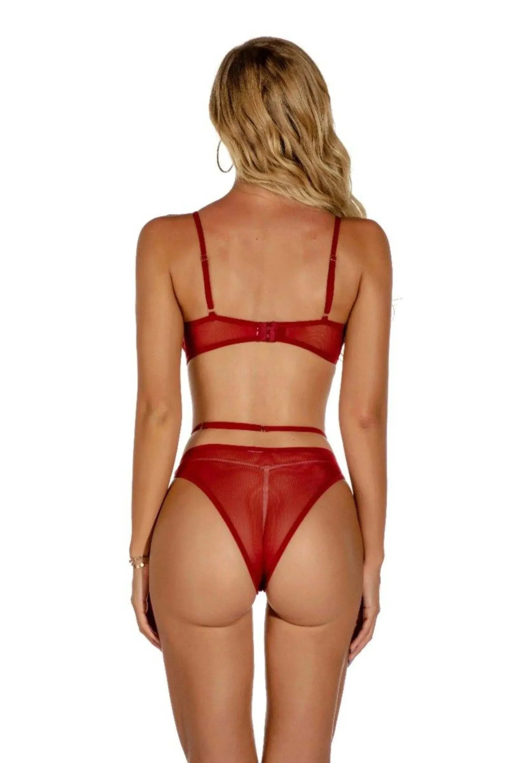 Sexy lingerie set with lace bra and panties in burgundy red.