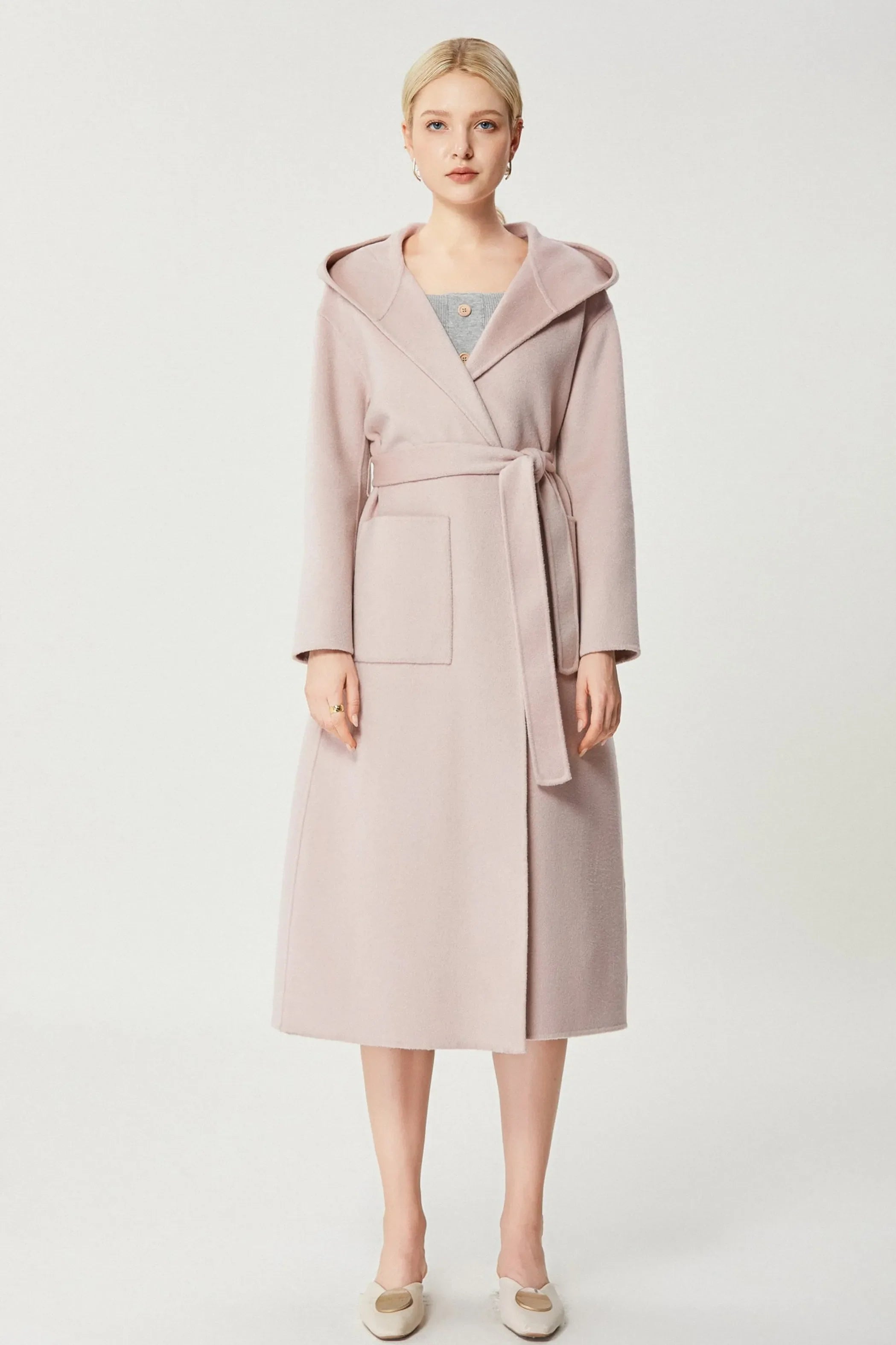 Fangyan Danae Cashmere Coat in baby pink with lapel collar and belt, 100% cashmere, A-line wrap design.