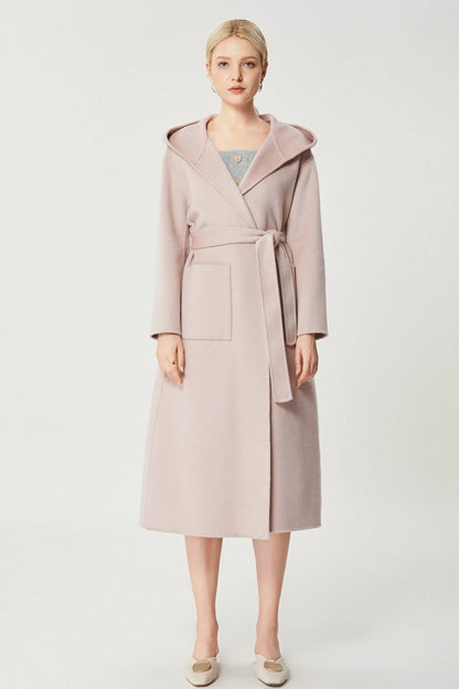 Fangyan Danae Cashmere Coat in baby pink with lapel collar and belt, 100% cashmere, A-line wrap design.