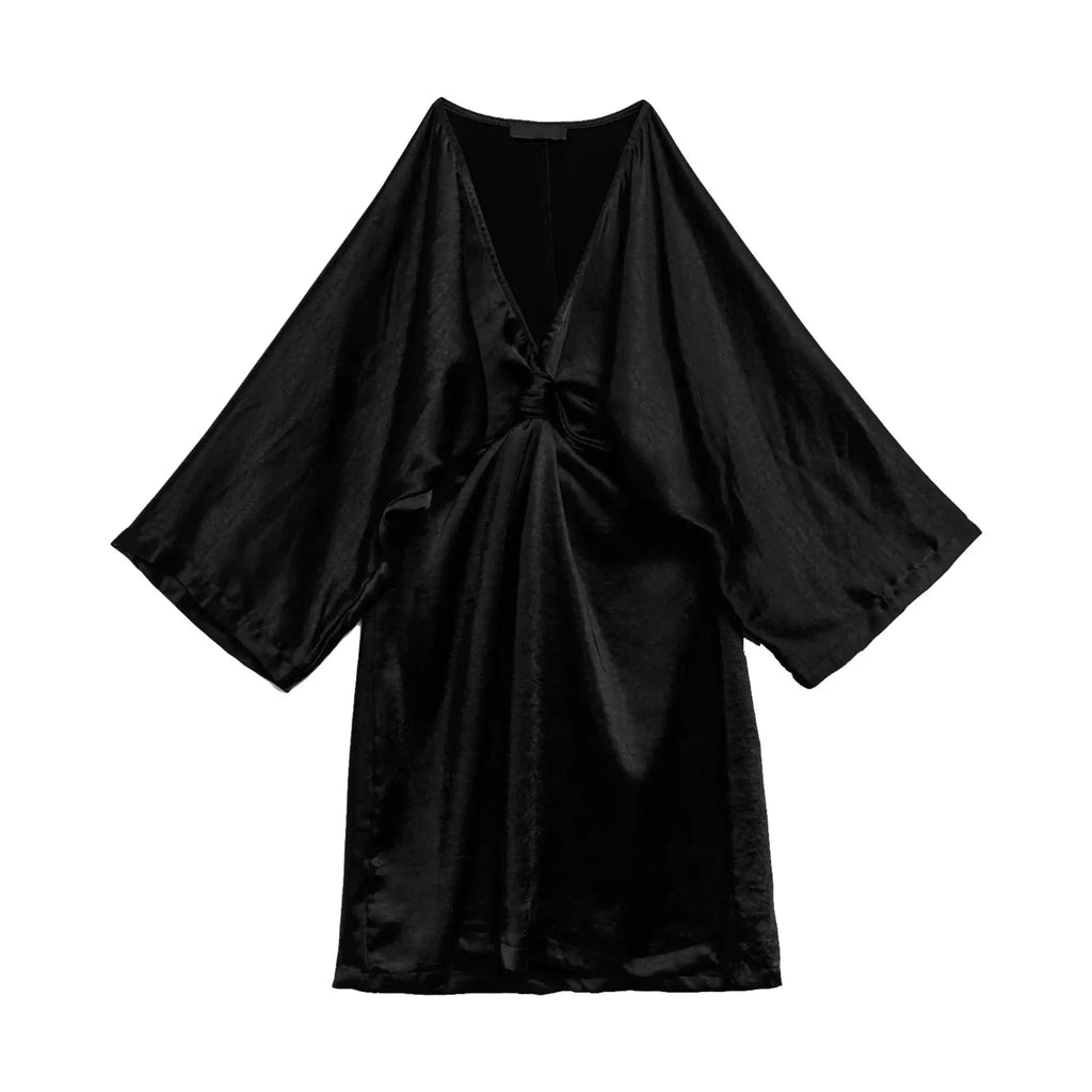 Karla Cutout Mini Dress with Kimono-inspired design, 3/4 sleeves, and tribal wrap style in bold fabric.