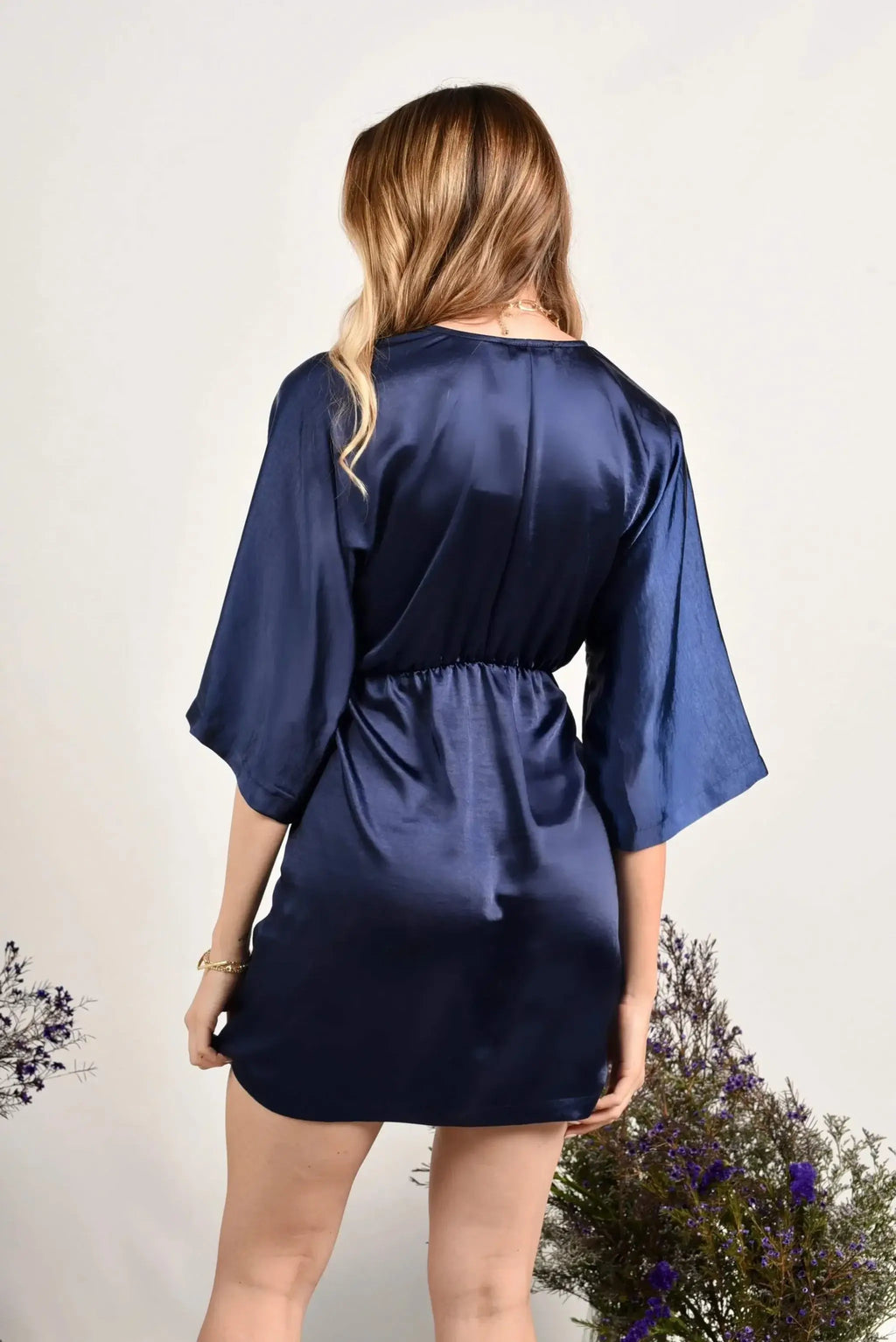 Karla Cutout Mini Dress in blue with Japanese kimono-inspired design, 3/4 sleeves, and above-knee length for relaxed comfort.