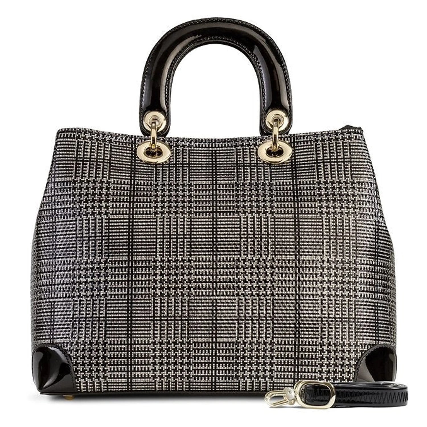 Large Galina Tweed Leather Handbag in black and silver with detachable strap, made from enamel-coated Italian calfskin.