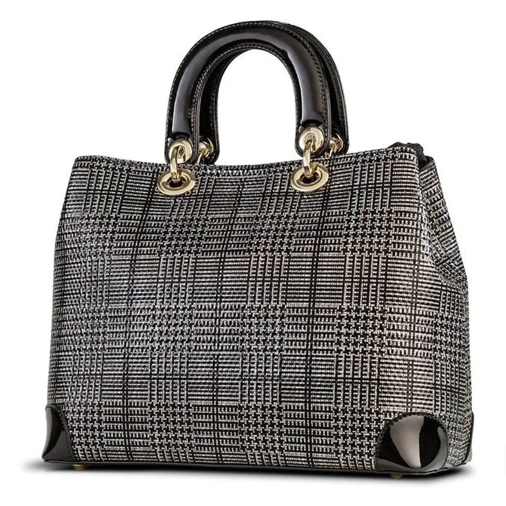 Luxury Galina Tweed Print Leather Bag with RFID protection and detachable strap.