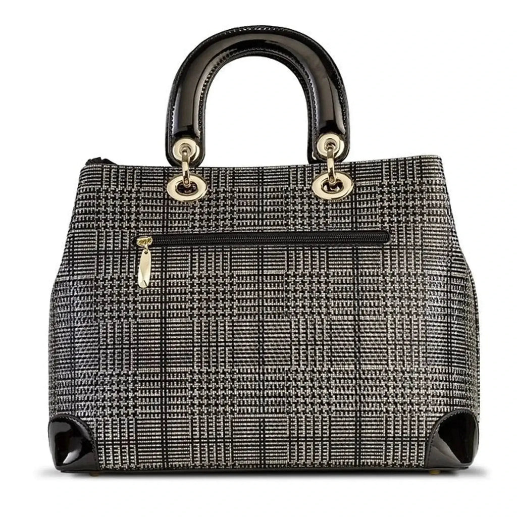 Bravo Fashion Galina Tweed Print Leather Bag with RFID Protection, luxury Italian leather craftsmanship, spacious design with detachable strap.