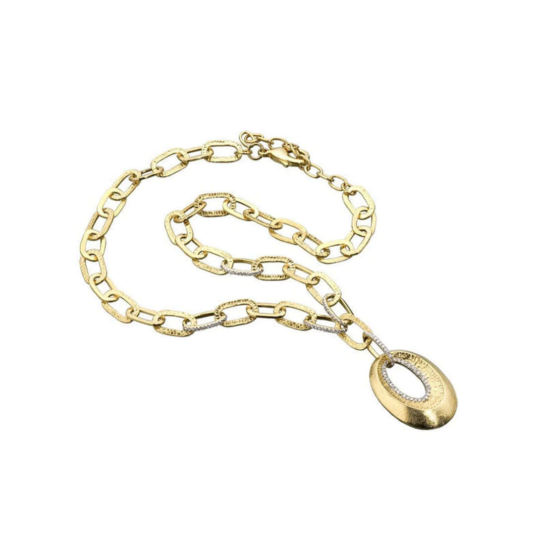 Collette Z Gold Overlay Open Oval Chain Necklace with Cubic Zirconia, 16-inch, Sterling Silver, High Polish.