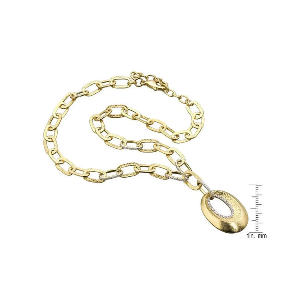 Gold overlay open oval chain necklace with cubic zirconia, high polish finish, and spring ring clasp on sterling silver.