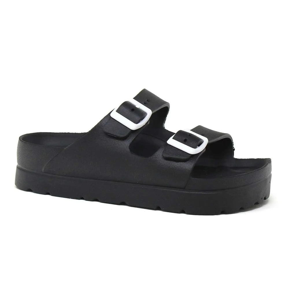 BRENNA Women's black open toe platform sandal with double buckle and slip-resistant sole.