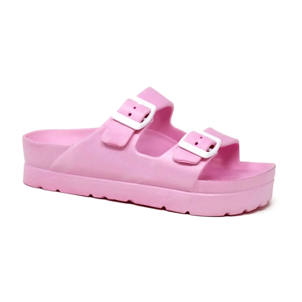 Pink women's open toe platform sandal with double buckle closure.