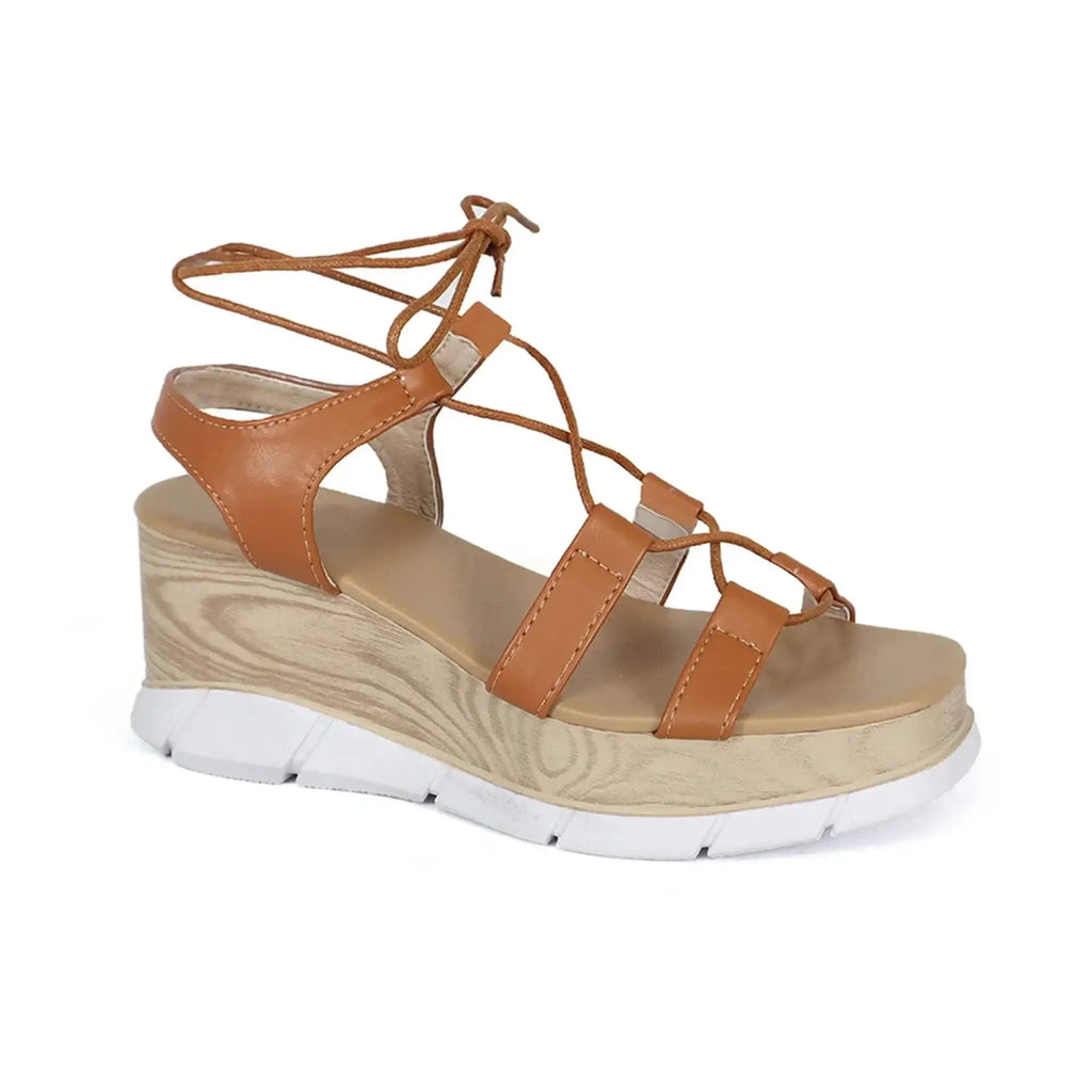 Women's lace-up flatform wedge sandals with premium PU upper and slip-resistant sole.