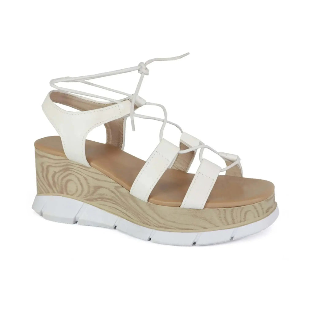 Women's white lace-up flatform wedge sandals with lightweight design, slip-resistant sole, and premium PU upper.