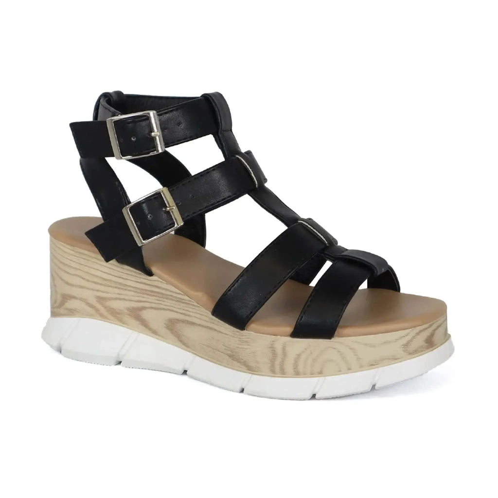 Women's black gladiator wedge sandals with adjustable straps and a slip-resistant sole.