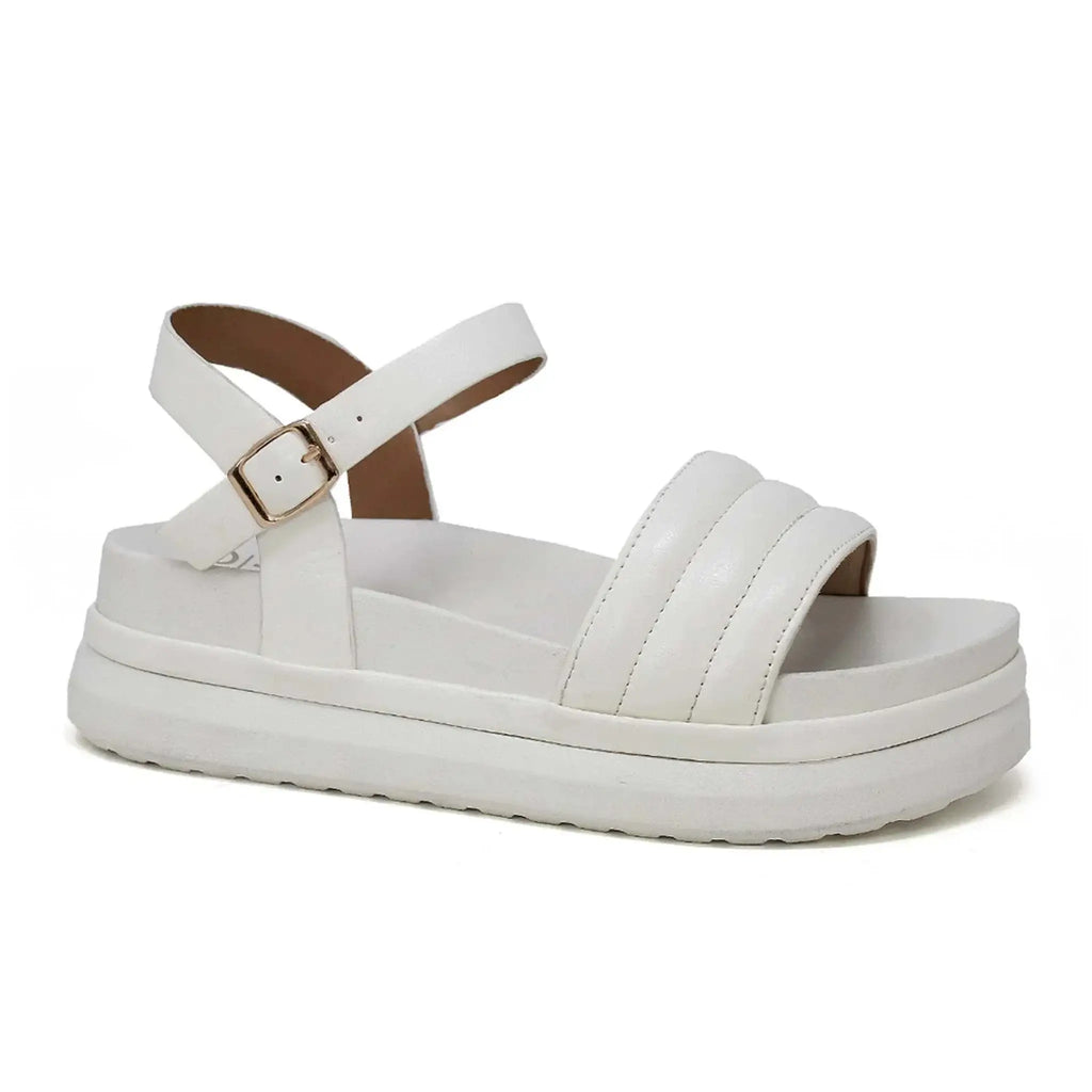 Women's white puff seam sandal with ankle strap, featuring a chic design, adjustable strap, and slip-resistant sole.