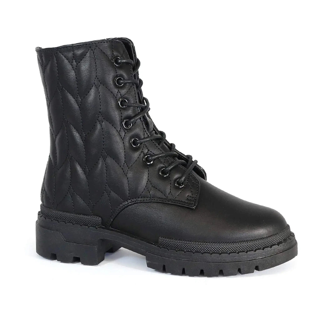 Women's quilted lace-up combat boots with durable, slip-resistant sole.