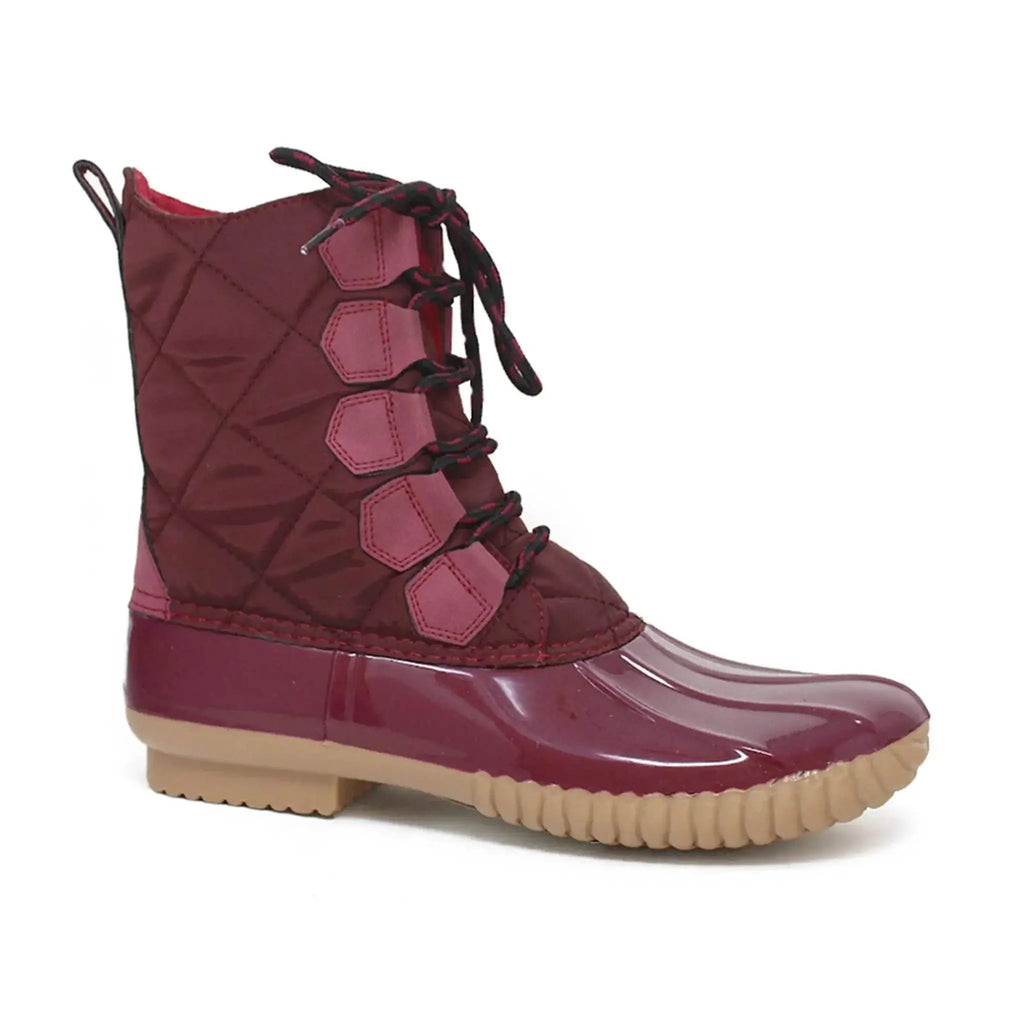 Yoki Women's Dylan-55 Short Rain Duck Boots in maroon color with durable nylon and rubber upper, slip-resistant sole, and lace-up closure.