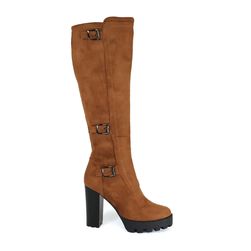 Yoki Women's tall lugsole boot with 3 buckles, edgy design, sturdy build, excellent grip, versatile style.