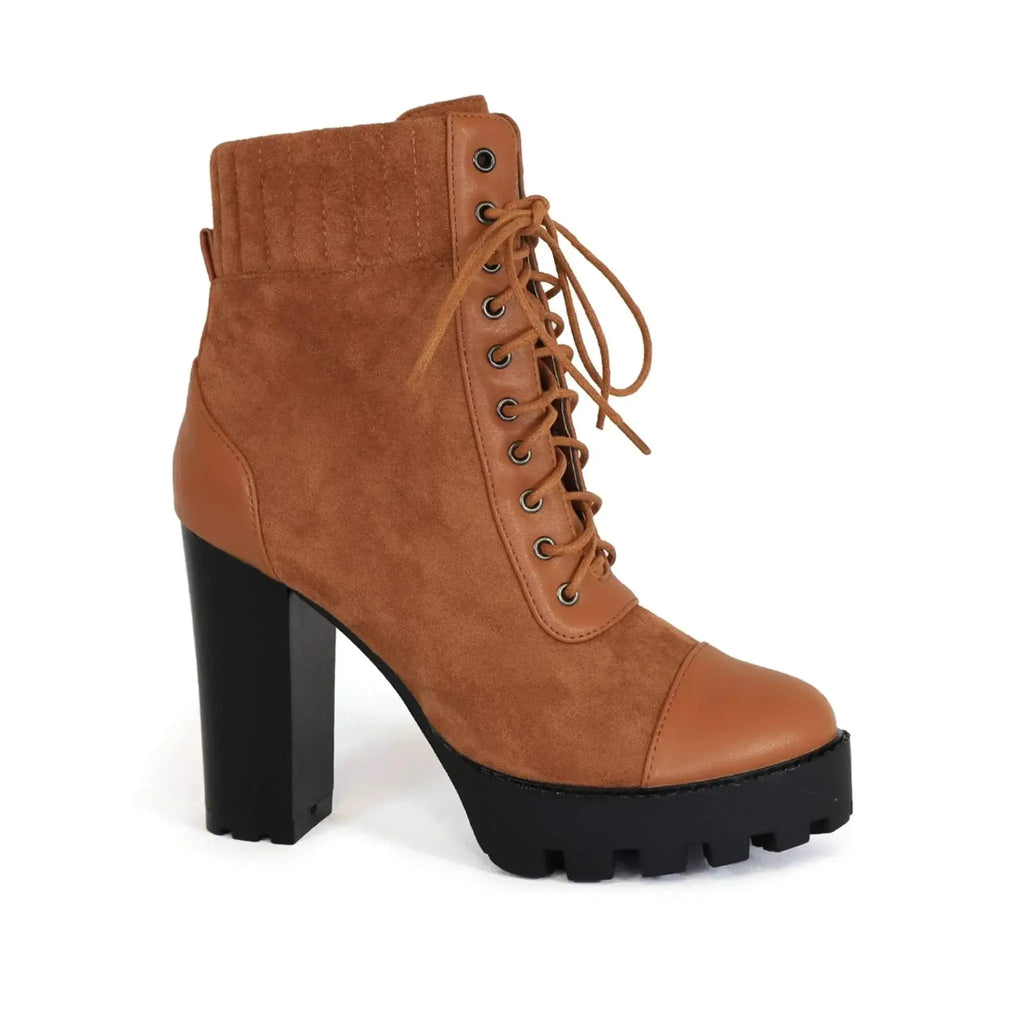 Yoki Women's Corduroy Cuffed Lace-Up Lug Sole Hiker Boots in brown with superior grip lug sole.