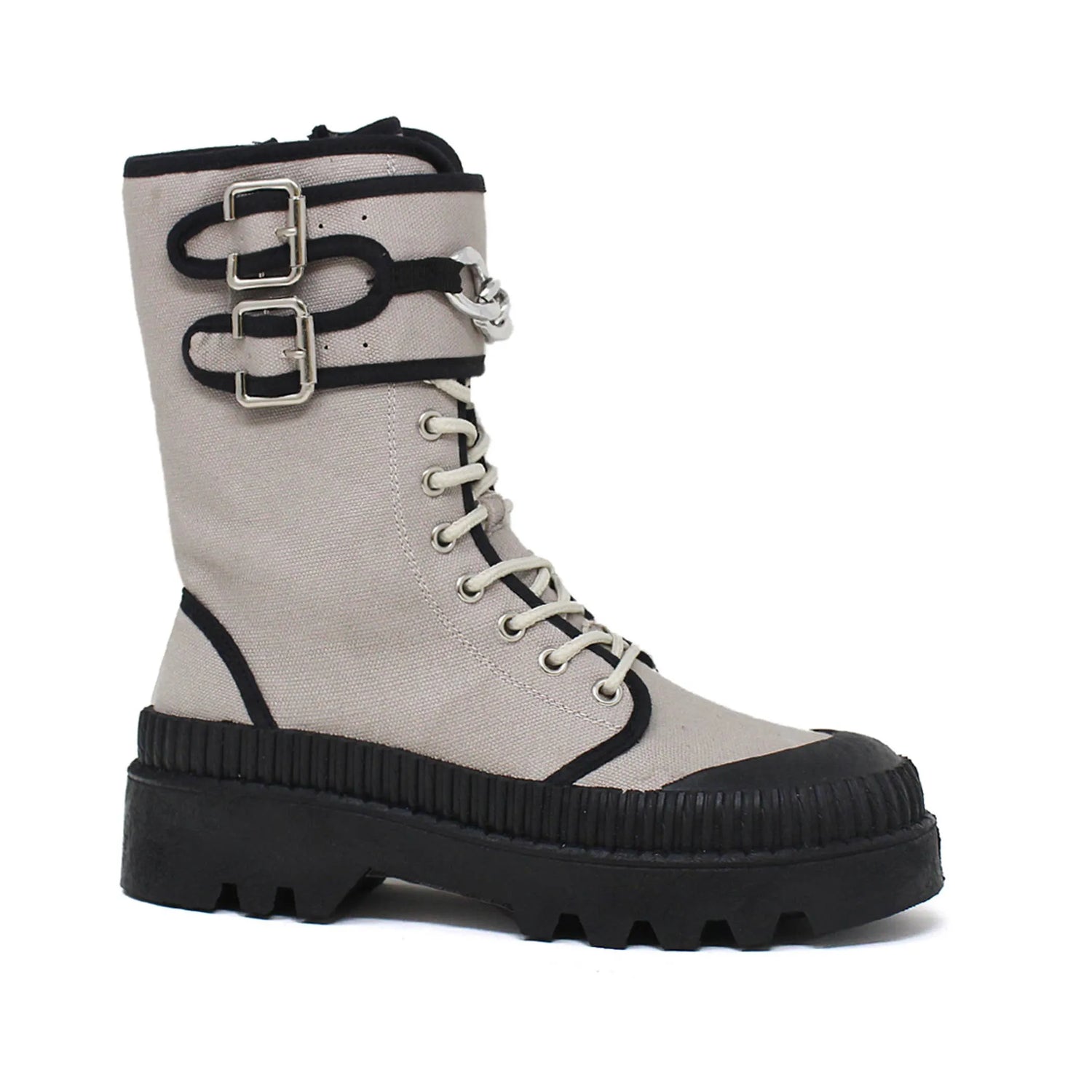 Yoki Womens Fran-09 double strap boot with piping and chain, canvas upper, side view.