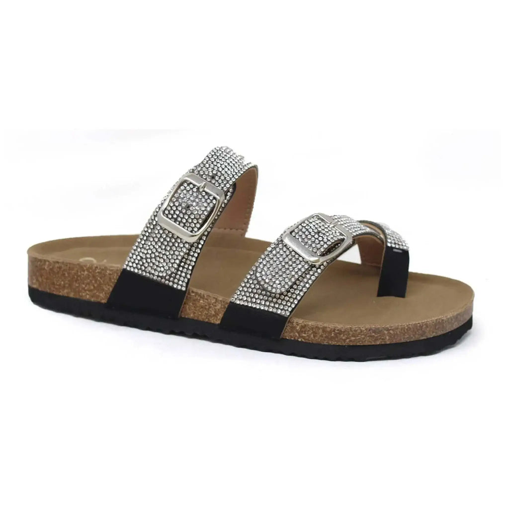 Women's rhinestone cork footbed sandals with slip-on design.