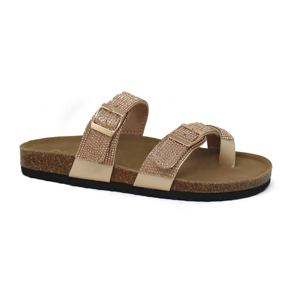 Women's rhinestone cork footbed sandals in slip-on design.