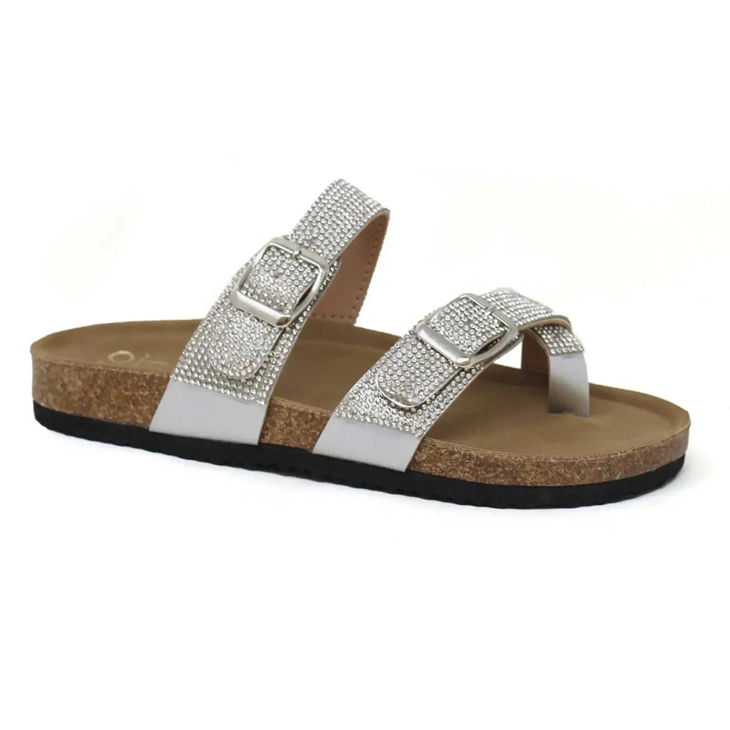 Women's rhinestone cork footbed sandals with slip-on design.