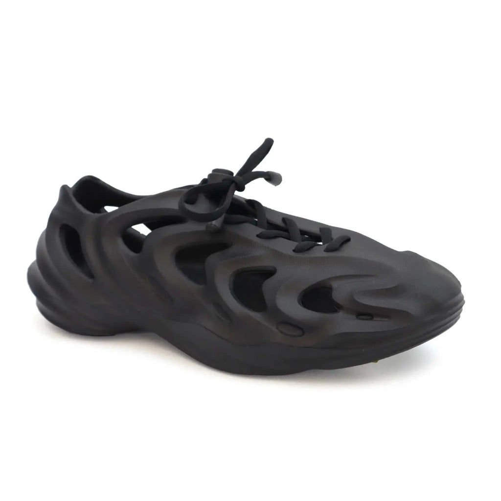 Women's black EVA clog sneaker with elastic lace design and breathable cutouts.