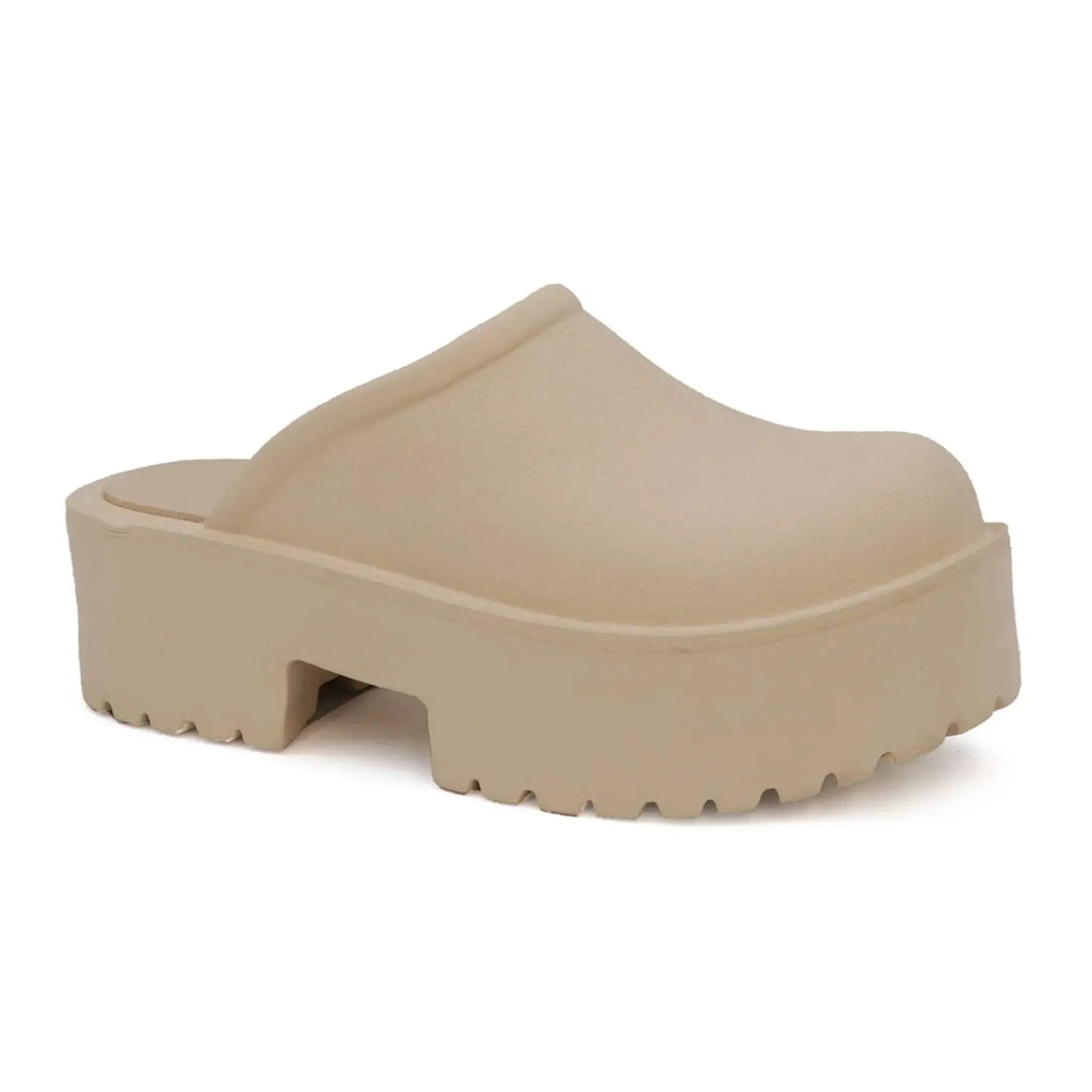 Women's beige EVA slide platform clog sandals with durable, waterproof upper and slip-resistant sole.