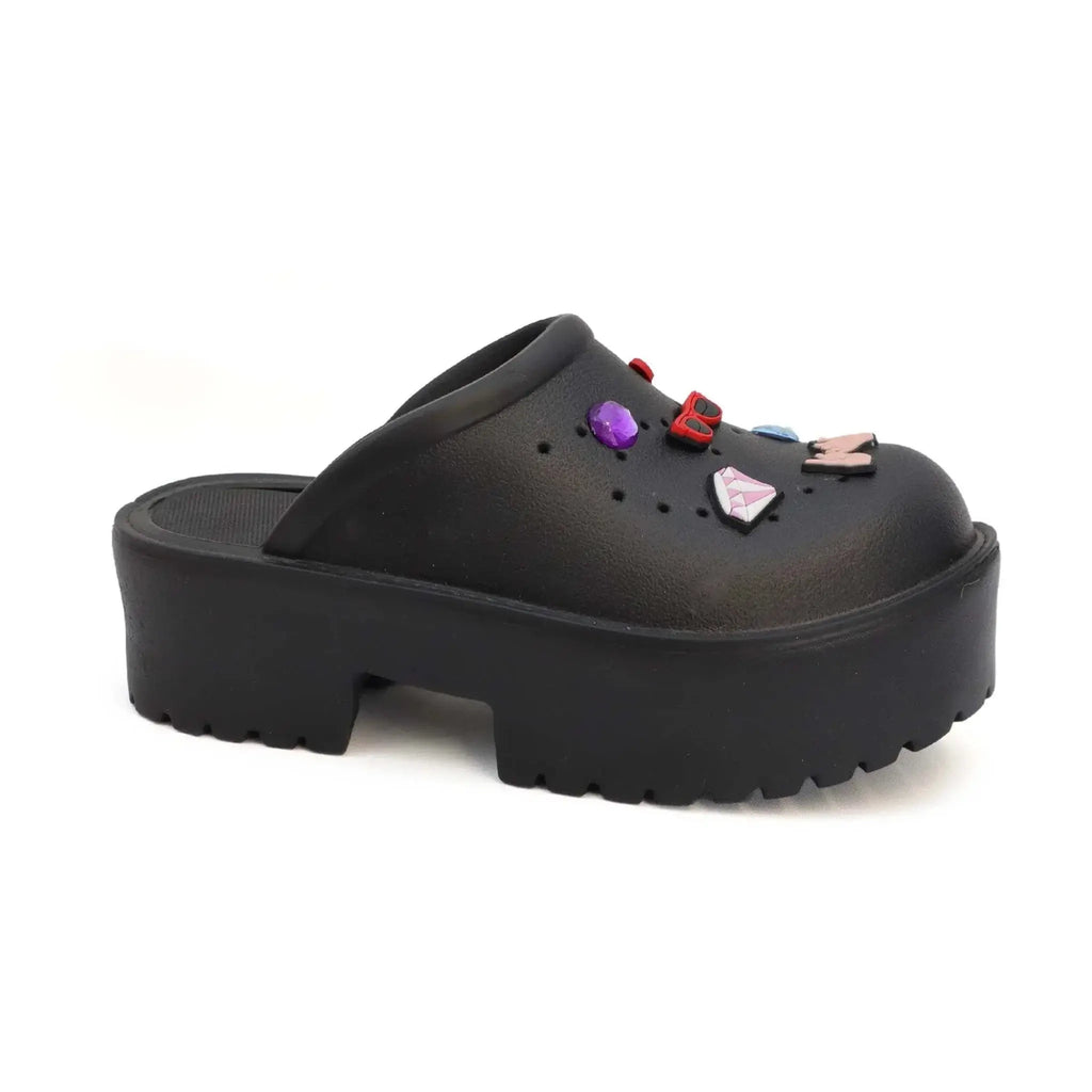 YOKI KLARAH-07 women's black slide platform clog sandals with removable decorative pins.