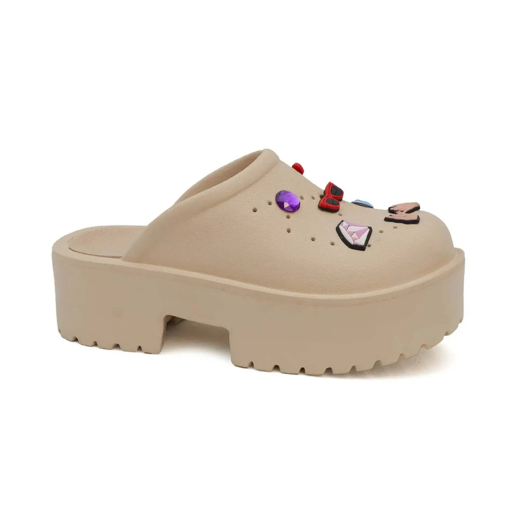 YOKI KLARAH-07 Women's Platform Clog Sandals with removable pins, featuring a trendy slide-on design and customizable pins, beige color.