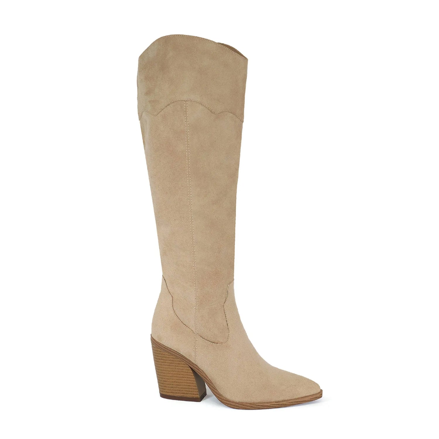 Yoki Womens High Western Tall Boots in beige with a stacked heel.