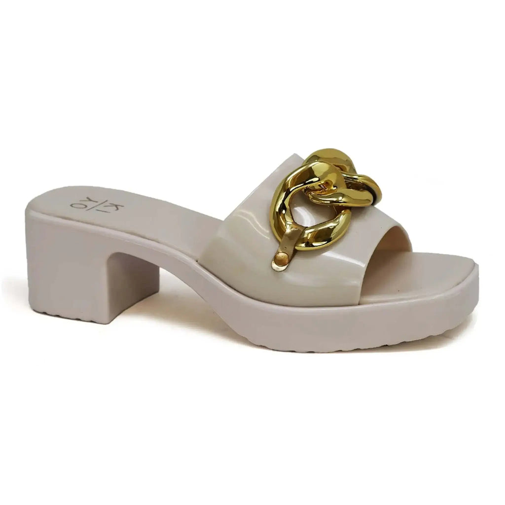 RUBI Women's Open Toe Sandals with chain strap, showing elegant design and neutral color.