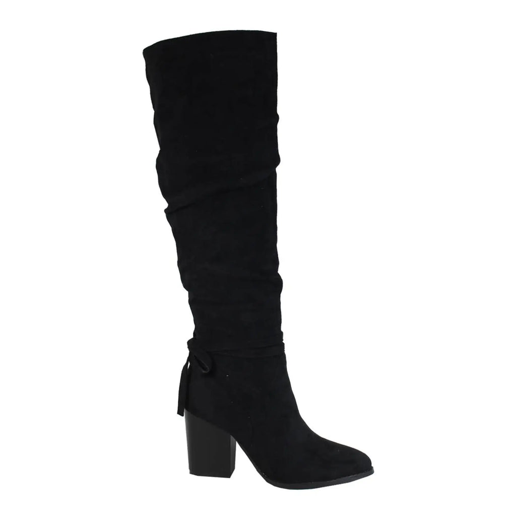 Yoki Women's Solid Scrunch Knee High Winter Boot with Bow, stylish black suede, perfect for cold weather.