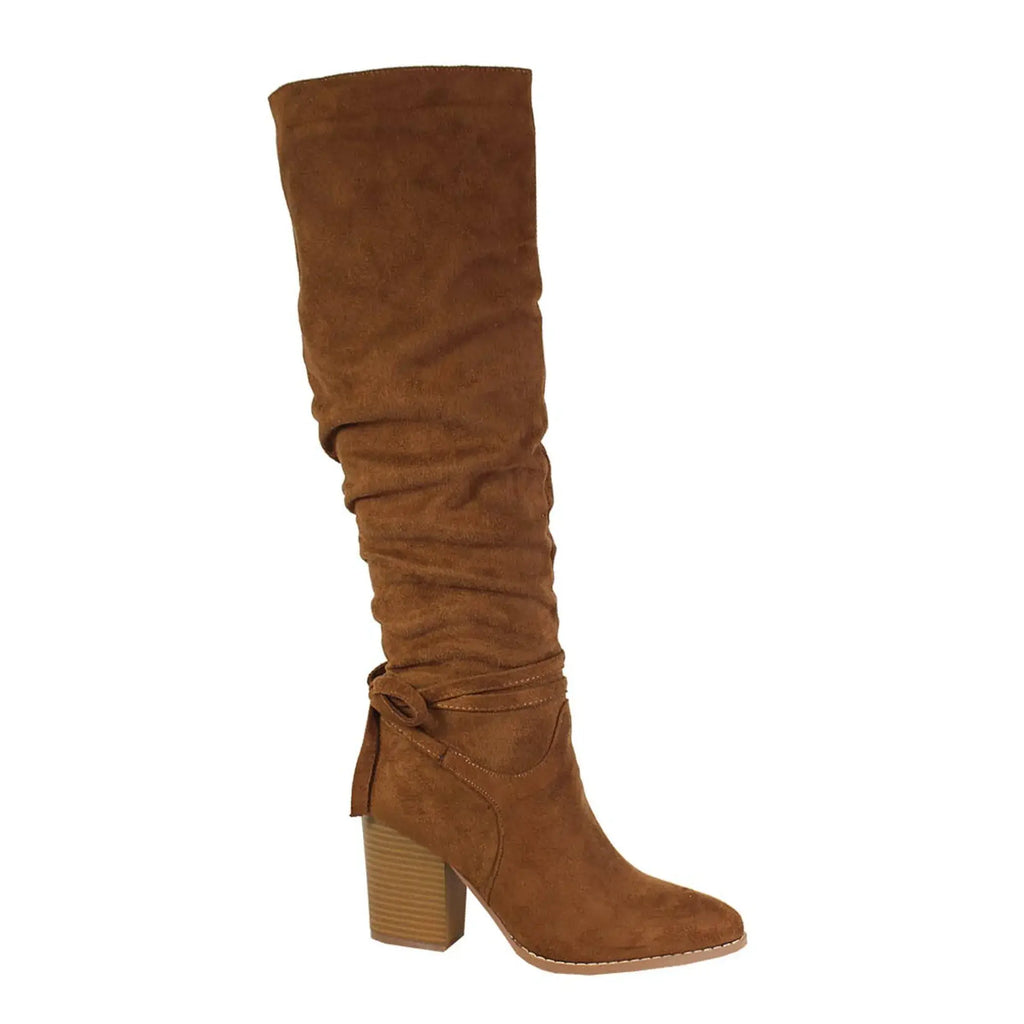 Yoki Women's Solid Scrunch Knee High Winter Boot with Bow in brown, stylish and cozy design for winter fashion.