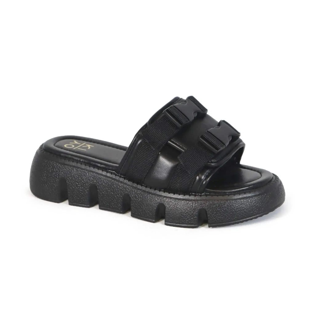 Women's black two-buckle mule sandals with PU upper and slip-on design.