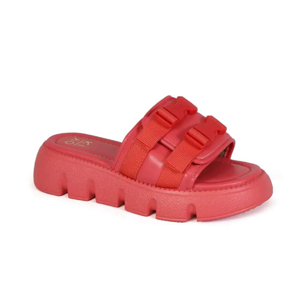 Women's two-buckle mule sandals with premium PU upper in red, featuring adjustable straps and slip-on design.