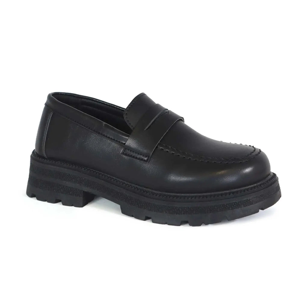 Yoki Women's Slip-On Chunky Loafer Shoes in black with a durable PU upper and