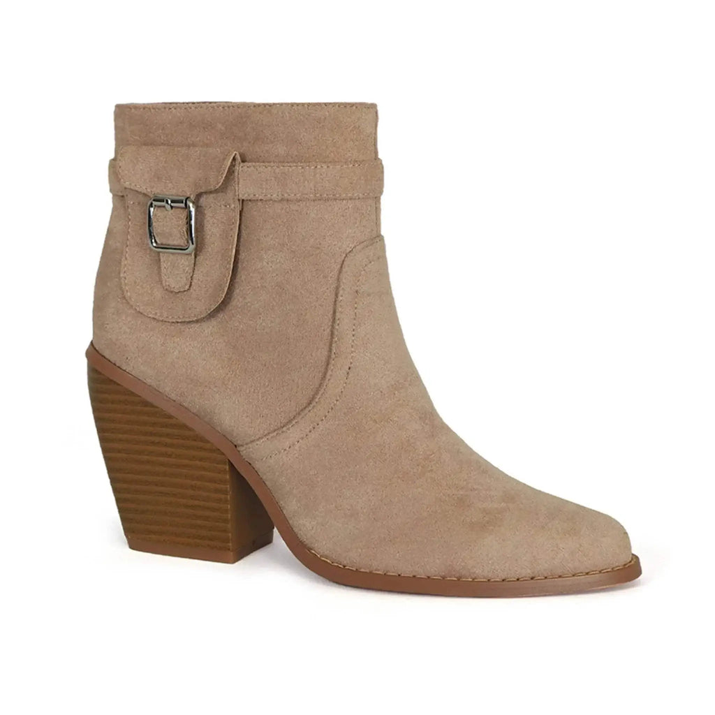 Yoki Women's Vella Western Shootie Boots in premium faux suede with low heel and side pocket detail.