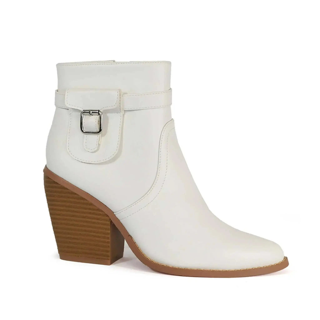 Yoki Women's Vella Western Shootie Boots in white faux suede with low heel and side pocket detail.