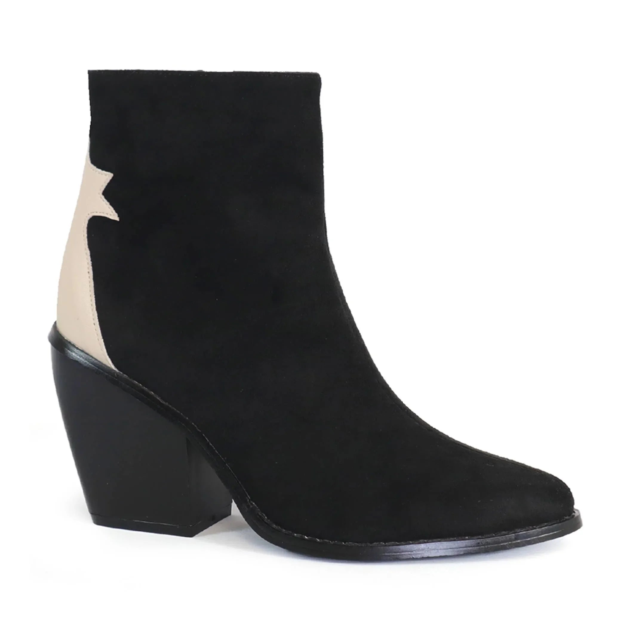 Yoki Womens two tone back patch western booties in black and beige.