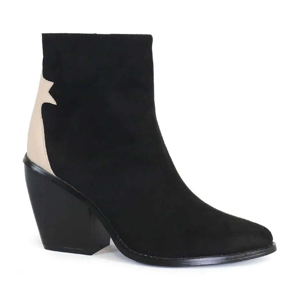 Yoki Women's Two-Tone Back Patch Western Booties, black and beige, slip-on, low heel, slip-resistant sole.