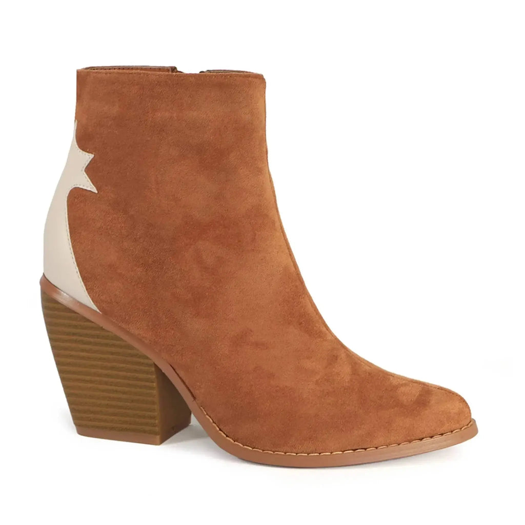 Yoki Women's Two-Tone Back Patch Western Booties with slip-on style and low heel.